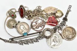 A BAG OF ASSORTED SILVER AND WHITE METAL ITEMS, to include a ladies silver marcasite watch without