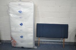 A SINGLE MATTRESS, and a blue upholstered 4ft6 headboard (2) (good condition)