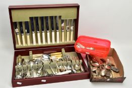 A BOX OF ASSORTED SILVER CUTLERY AND A CANTEEN, to include two forks, six spoons, all hallmarked,