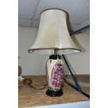 A MOORCROFT POTTERY FOXGLOVE PATTERN TABLE LAMP, designed by Rachel Bishop, with lampshade,