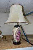 A MOORCROFT POTTERY FOXGLOVE PATTERN TABLE LAMP, designed by Rachel Bishop, with lampshade,
