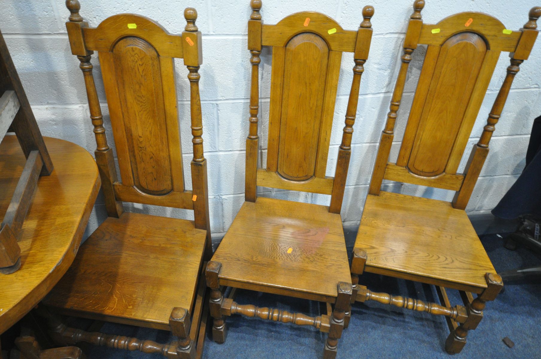 A SET OF TEN LIGHT SOLID OAK HIGH BACK DINING CHAIRS, with fielded panel backs, turned stretchers, - Image 4 of 4