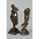 TWO BOXED REPRODUCTION BRONZES OF FEMALE NUDES, one with a cherub, on marble style plinths,