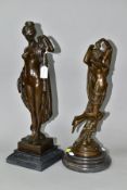TWO BOXED REPRODUCTION BRONZES OF FEMALE NUDES, one with a cherub, on marble style plinths,