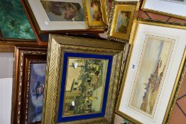 PAINTINGS AND PRINTS, to include a Herbert George watercolour of figures before a thatched