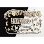 A SILVER CHARM BRACELET, GATE BRACELET, ALBERTINA AND LOOSE CHARM, the charm bracelet fitted with