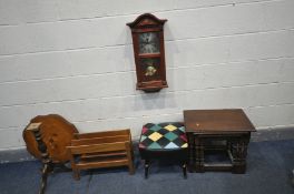 AN OAK NEST OF THREE TABLES, an mid-century leatherette footstool, a Fyne Ladye teak magazine