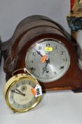 THREE VINTAGE WOOD CASED MANTLE CLOCKS, comprising an Anvil clock retailed by H. Samuel, a Smiths