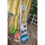 A PAIR OF ALUMINIUM STEP LADDERS height 200cm and a small quantity of garden tools