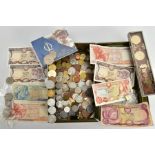 A STRONG BOX OF WORLD COINS AND A FEW BANKNOTES,to include two 5 marks 1951 silver coins,a two-up