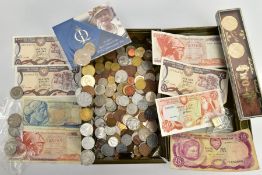 A STRONG BOX OF WORLD COINS AND A FEW BANKNOTES,to include two 5 marks 1951 silver coins,a two-up