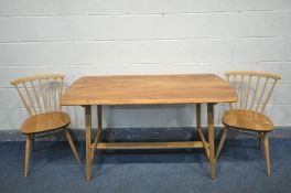 A MID CENTURY ERCOL ELM AND BEECH DINING TABLE, on square tapered legs, united by a single