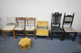 A SELCTION OF VARIOUS CHAIRS, to include am ebonised carved oak hall chair, another ebonised chair