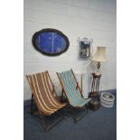 A PAIR OF 1970'S FOLDING DECK CHAIRS, with stripped fabric, an early 20th century oak bevelled