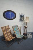 A PAIR OF 1970'S FOLDING DECK CHAIRS, with stripped fabric, an early 20th century oak bevelled