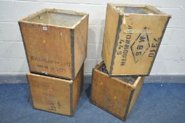FOUR VINTAGE TEA CRATES, with various marks including Kenya, Avonmouth, India, etc, largest 48cm