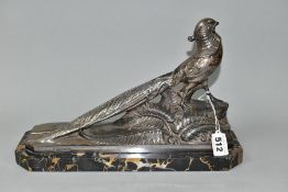 AN ART DECO SILVER PLATED FIGURE OF AN EXOTIC PHEASANT, AFTER FRECOURT, mounted on a shaped
