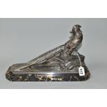 AN ART DECO SILVER PLATED FIGURE OF AN EXOTIC PHEASANT, AFTER FRECOURT, mounted on a shaped