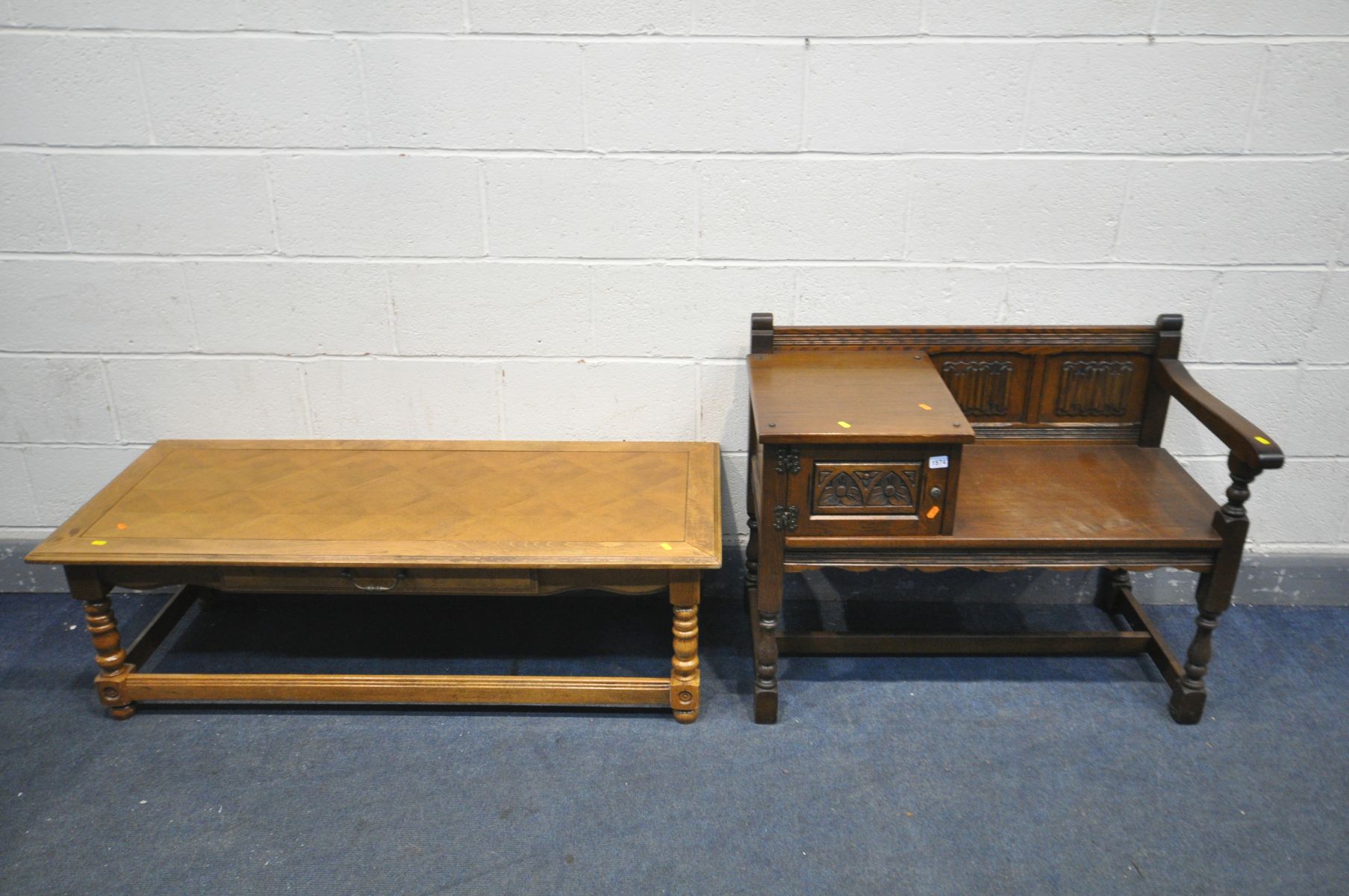 AN OLD CHARM OAK TELEPHONE TABLE/SEAT, width 93cm x depth 47cm x height 75cm, and a hardwood