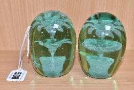 TWO 19TH CENTURY GLASS DUMP WEIGHTS WITH TWO TIER FOUNTAIN INCLUSIONS, rough pontils, heights 8.