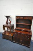 A SELECTION OF MAHOGANY FURNITURE, to include an open bookcase with two drawers, a nest of three