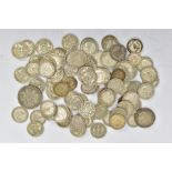 A BAG OF ASSORTED SILVER COINS, to include six pence's, three pence's, one shillings, etc,