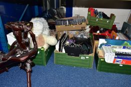 EIGHT BOXES AND LOOSE PICTURES, BOOKS, LADIES SHOES, CDS, SOFT TOYS, ETC, including general