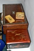 A ROSEWOOD WRITING SLOPE WITH MOTHER OF PEARL INLAY TO THE LID, lid missing from one ink well,