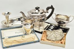 A BOX OF ASSORTED SILVER AND WHITE METAL TABLEWARE, to include a silver dish, hallmarked 'Atkin