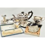 A BOX OF ASSORTED SILVER AND WHITE METAL TABLEWARE, to include a silver dish, hallmarked 'Atkin