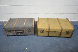 TWO VINTAGE CANVAS TRAVELLING TRUNKS, largest trunk length 84cm x depth 52cm x height 32cm