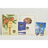 FOUR ISLE OF MAN CHRISTMAS GREETINGS CARDS WITH DIAMOND FINISH FIFTY PENCE COINS, to include 1990 bb