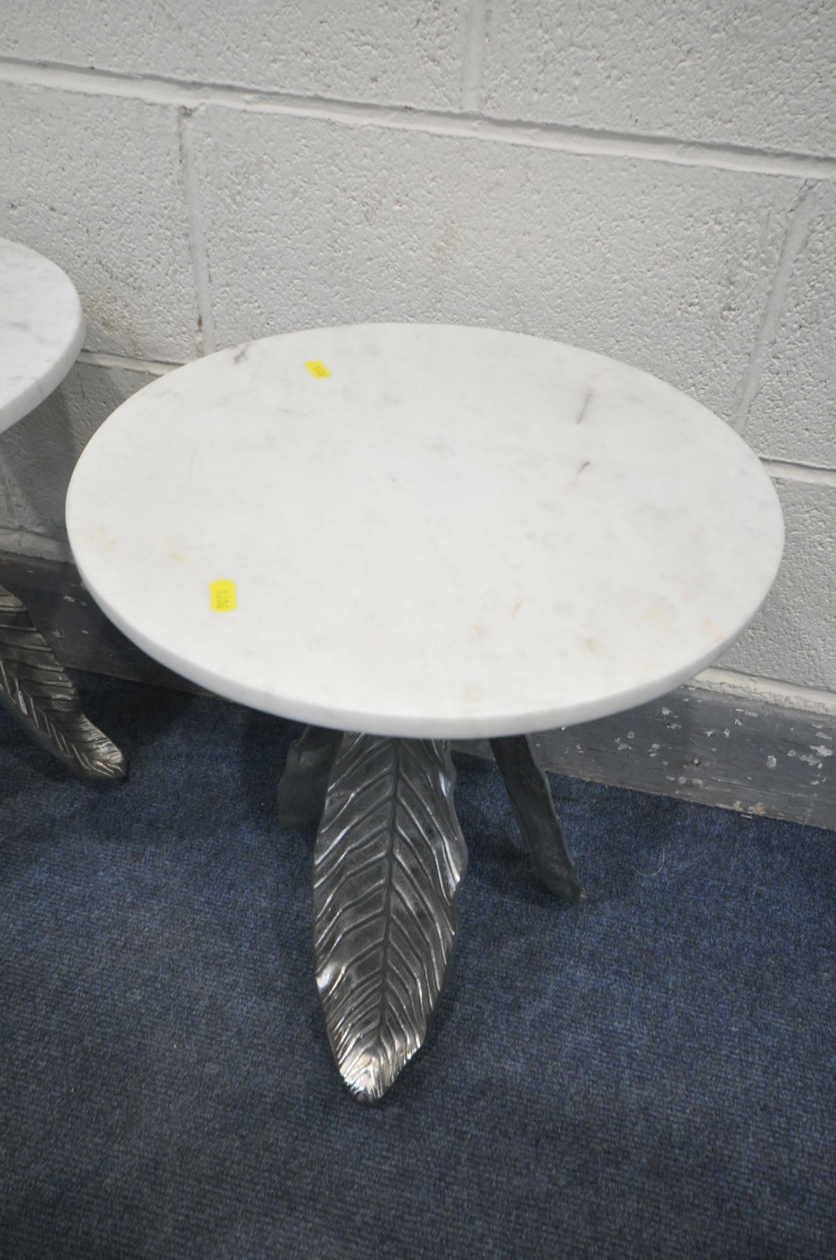 A PAIR OF WHITE CIRCULAR MARBLE TOP SIDE TABLES, on a three silvered leaves support, diameter 41cm x - Image 3 of 3