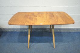 AN ERCOL WINDSOR ELM AND BEECH MODEL 383 DROP LEAF DINING TABLE, open length 138cm x closed length