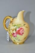 A ROYAL WORCESTER BLUSH IVORY JUG WITH GILT HANDLE, printed and tinted with flowers, shape no.