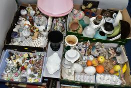 FOUR BOXES AND LOOSE CERAMICS AND SUNDRY ORNAMENTS, to include a figural table lamp height to top of