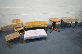 A BENTWOOD STYLE CIRCULAR STOOL, with a bergère top, along with a French giltwood needlework