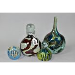 A MDINA GLASS VASE AND THREE SIMILAR PAPERWEIGHTS, the vase with narrow neck over a cube shaped body