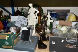 TWO BOXES AND LOOSE DECORATIVE SCULPTURES AND ORNAMENTS ETC, to include a boxed Waterford photo