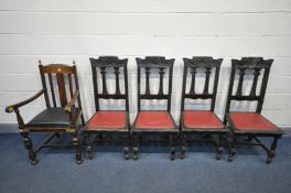 A SET OF FOUR 19TH CENTURY EBONISED OAK HIGH BACK CHAIRS, with red leatherette seat pads, along with