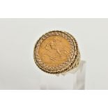 A MOUNTED HALF SOVEREIGN RING, a late 20th century half gold sovereign, dated 1982, diamond cut