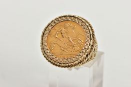 A MOUNTED HALF SOVEREIGN RING, a late 20th century half gold sovereign, dated 1982, diamond cut