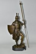 A BOXED REPRODUCTION BRONZE OF A ROMAN CENTURION, on a marble style plinth, approximate height