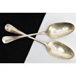 TWO SILVER TABLESPOONS, each of an Hanoverian style, shell detail to the reverse of the bowls,