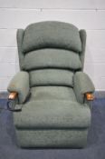 A HSL GREEN UPHOLSTERED RISE AND RECLINE ARMCHAIR (PAT pass and working)