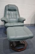 A STRESSLESS STYLE GREEN LEATHER SWIVEL ARMCHAIR, and matching footstool (2) (good condition)