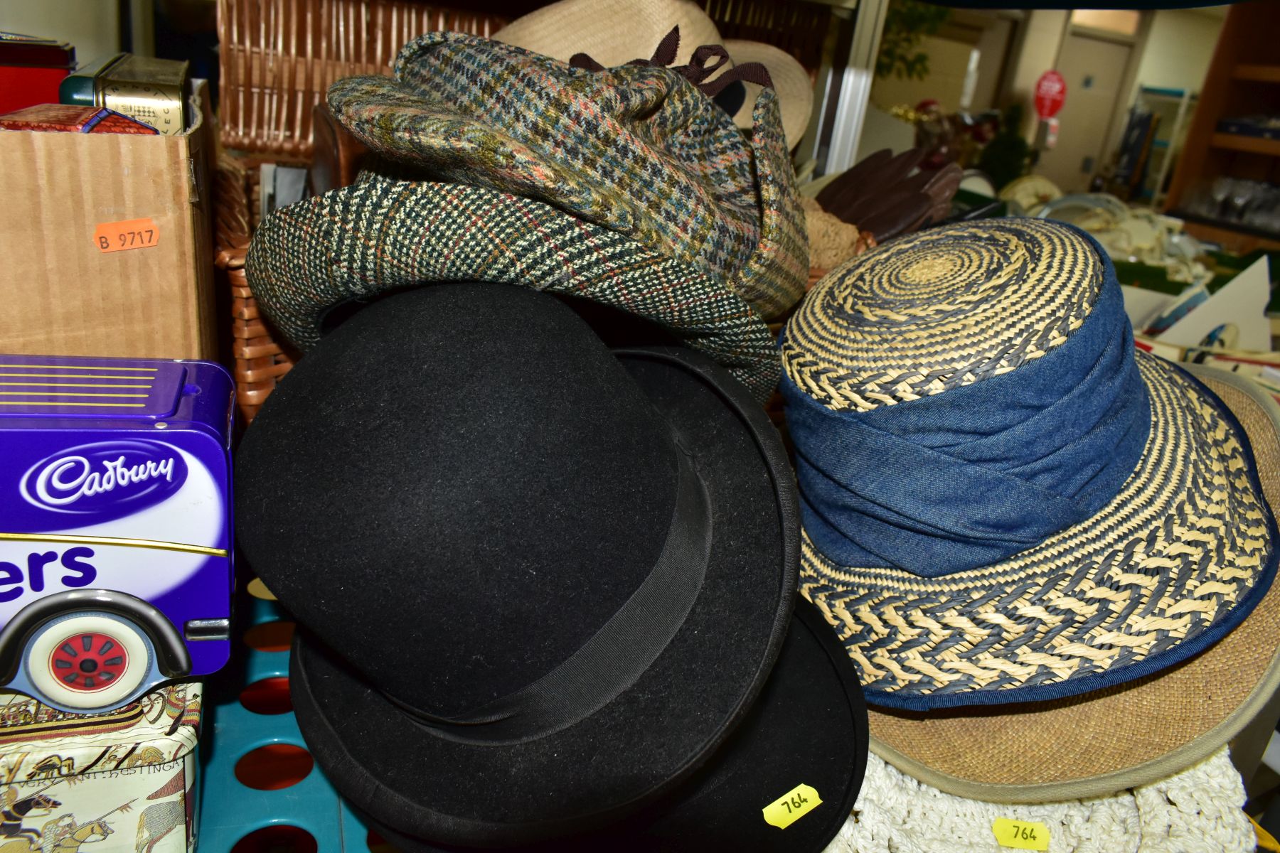 SEVEN BOXES AND LOOSE HABERDASHERY ITEMS, TINS, HATS, ETC, including two bowler hats, ladies and - Image 3 of 13