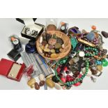 A BOX OF WHITE METAL JEWELLERY, AND ASSORTED ITEMS, to include a flat link figaro chain bracelet,