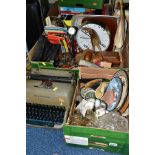 TWO BOXES AND LOOSE TYPEWRITER, CLOCKS, CERAMICS, GLASS, TREEN AND SUNDRY ITEMS, to include a