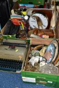 TWO BOXES AND LOOSE TYPEWRITER, CLOCKS, CERAMICS, GLASS, TREEN AND SUNDRY ITEMS, to include a